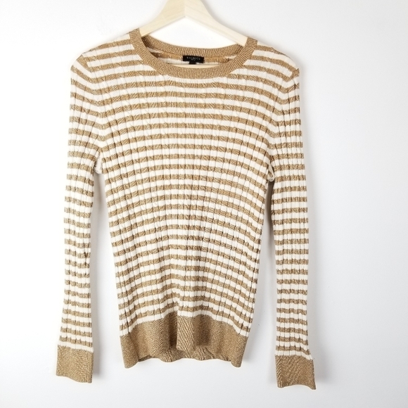 Talbots‎ S Petite Ivory, Tan & Gold Cableknit Crewneck sweater Long sleeve - Picture 1 of 7